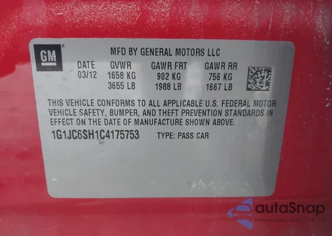 2012 Chevrolet Sonic 2Lt from USA, damaged, VIN 1G1JC6SH1C4175753